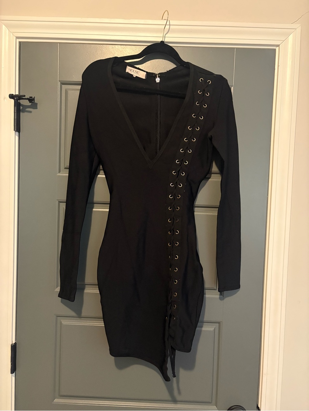 House of London Black Lace-Up Bodycon Mini Dress Size Small